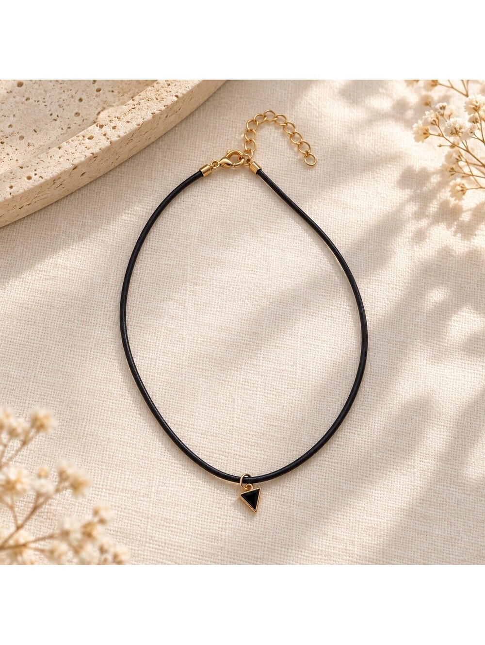 Black Cord Choker Necklace Small Triangle Charm Gold Tone 12” + Extender